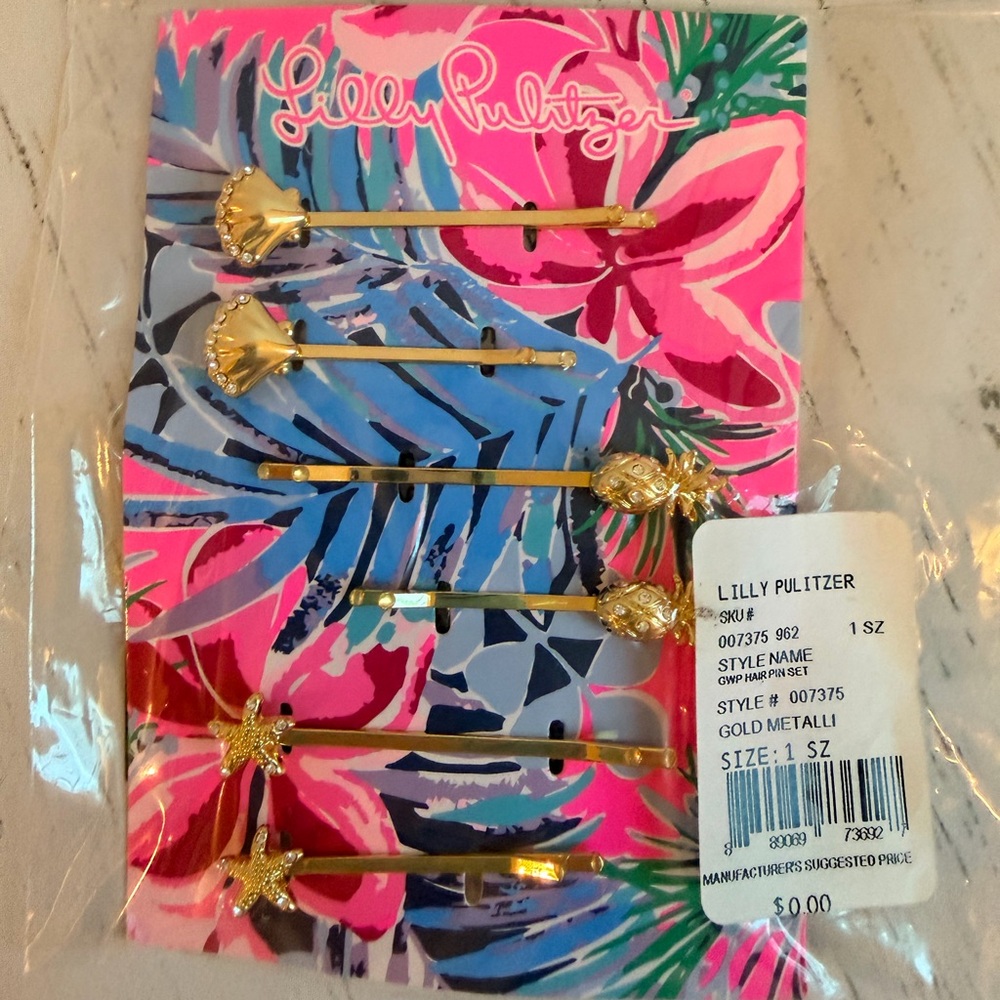 NWT Lilly Pulitzer 🌴 Set of 6 Gold Hair Pins 🍍Shell Pineapple Starfish